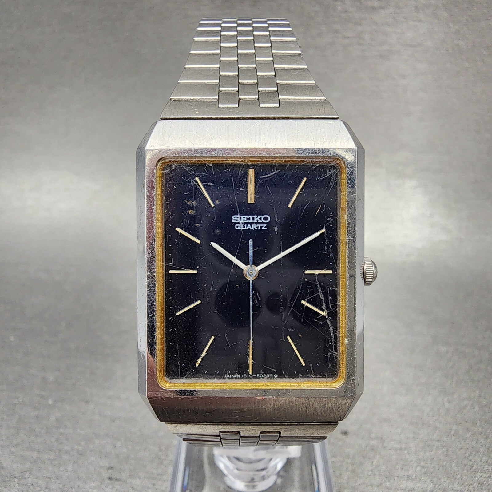 VTG Seiko Tank Watch Men 28mm Blue Dial Steel Rectangle 78105029 PARTS0