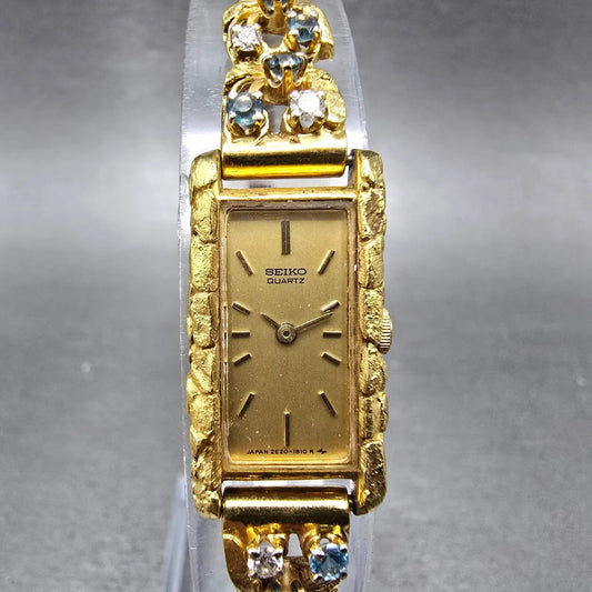 Seiko Tank Watch Women 14mm Champagne Dial Gold Nugget 2E20-6429 New Battery0