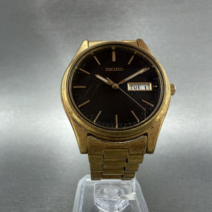 Seiko Watch Men 37mm Black Dial Gold Tone Daydate Round 7N439048 New Battery5