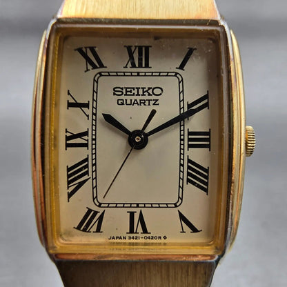 Seiko Tank Watch Women 20mm Champagne Dial Gold Tone Rectangle 3421-5170 New Bat1
