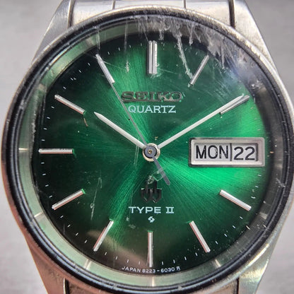 Seiko Type II Watch Men 33mm Green Dial Silver Tone Daydate 8223-6030 New Batt1
