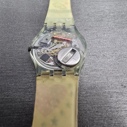 Swatch Kid's Patchwork Watch Women 25mm Silver Dial Clear Case LN141 New Battery13