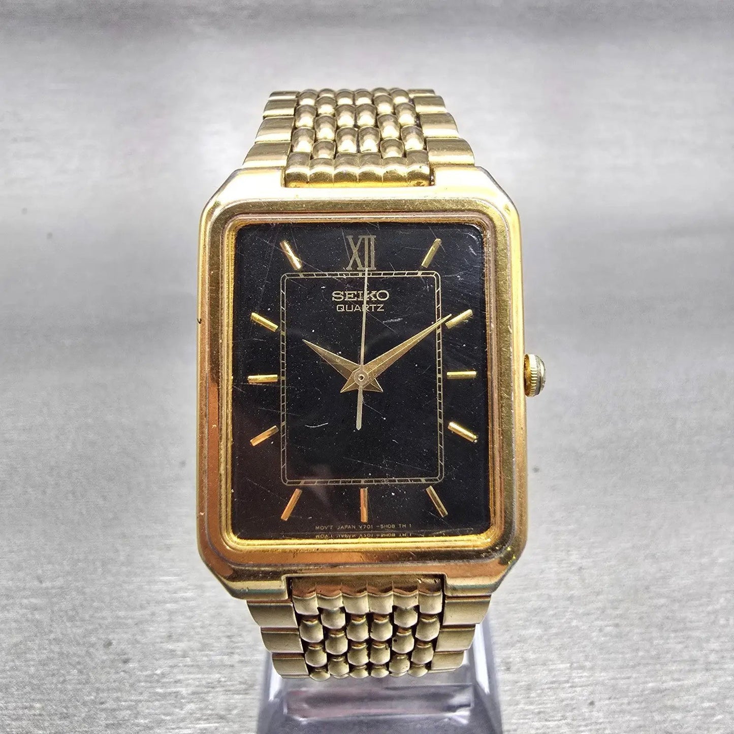 Seiko Watch Men 26mm Black Dial Gold Tone Rectangle V701-5J09 New Battery VTG0