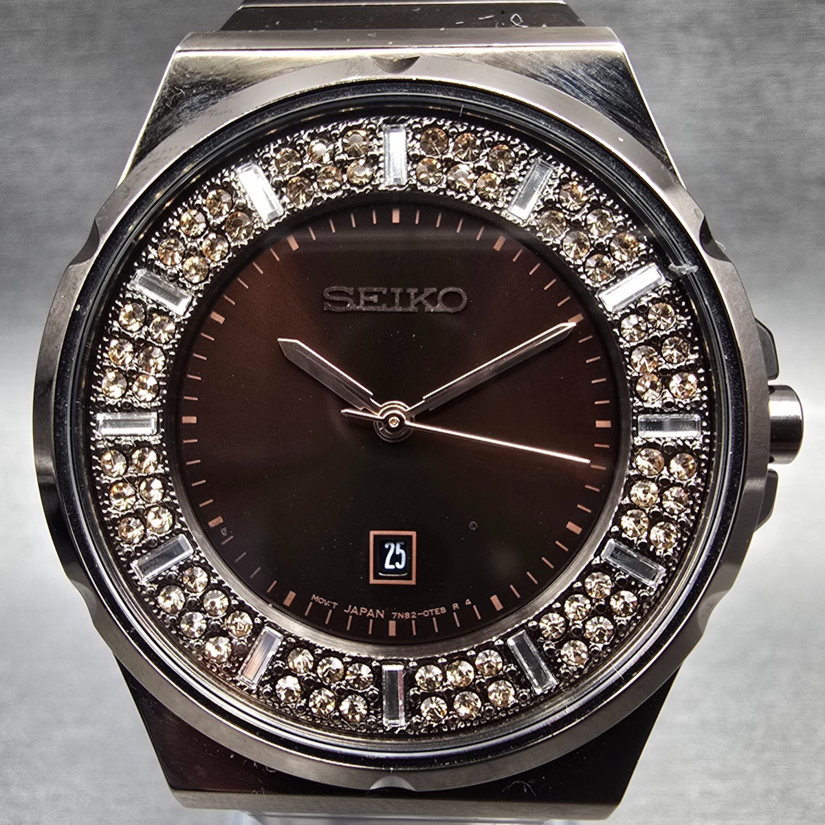 Seiko Watch Men 36mm Brown Dial Brown Tone Date Gemmed Round 7N82-0HS0 New Batt1