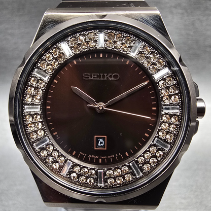 Seiko Watch Men 36mm Brown Dial Brown Tone Date Gemmed Round 7N82-0HS0 New Batt1