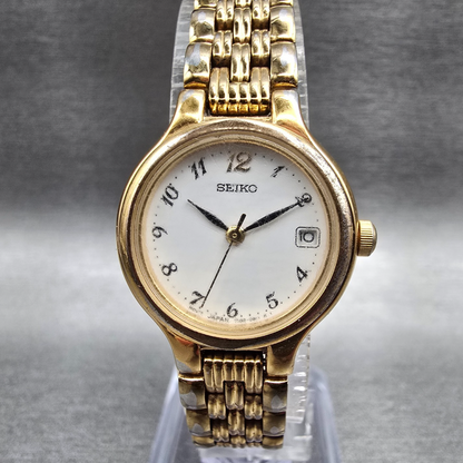 Seiko Watch Women 23mm White Dial Gold Tone Date Round 7N82-0228 New Battery JP90