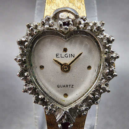Elgin Watch Women Silver Dial Gold Tone Heart Shaped Gem Set bezel New battery1