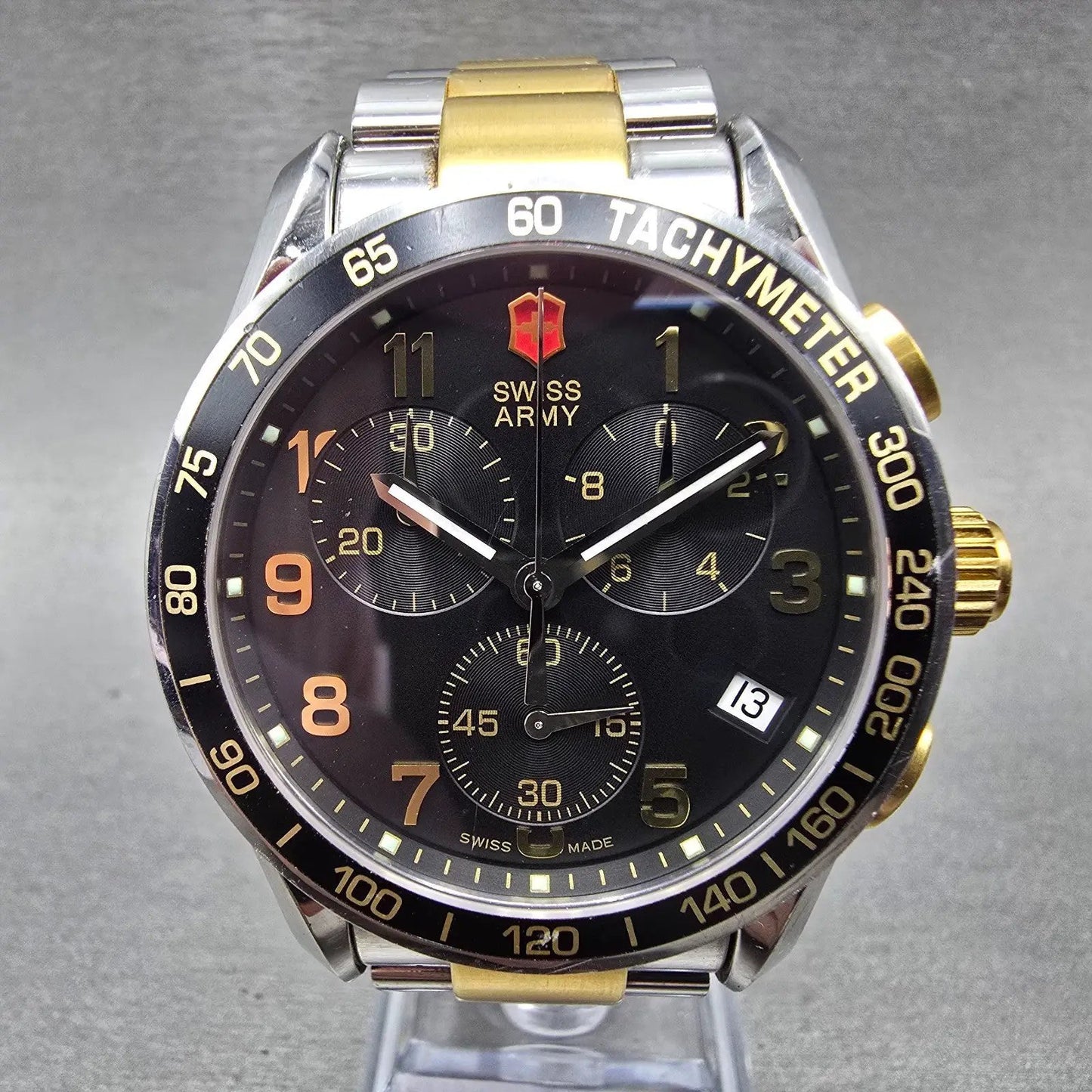 Victorinox Swiss Army Chronograph Watch Men 41mm Black Dial Two Tone Date NewBat0