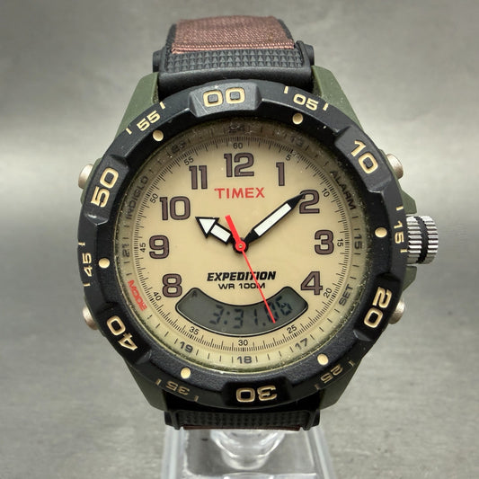 Timex Expedition Watch Men 41mm Cream Dial Green Alarm Chronograph New Battery0