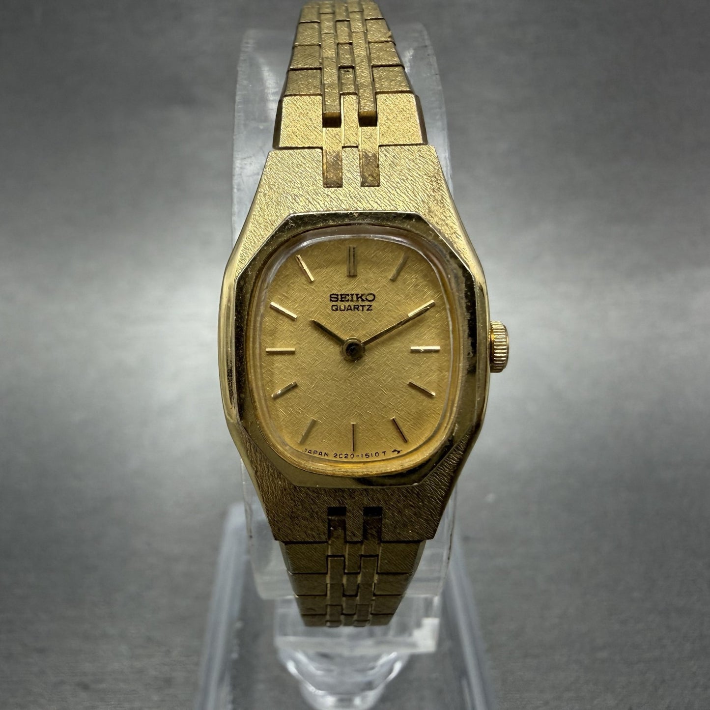 Seiko Watch Women 17mm Champagne Dial Gold Tone Rectangle 2C205749 New Battery0