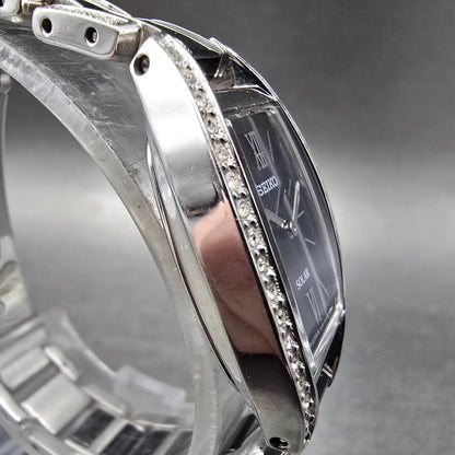Seiko Solar Watch Women 19mm Black Dial Black Silver Crystal Bezel V115-0AY03