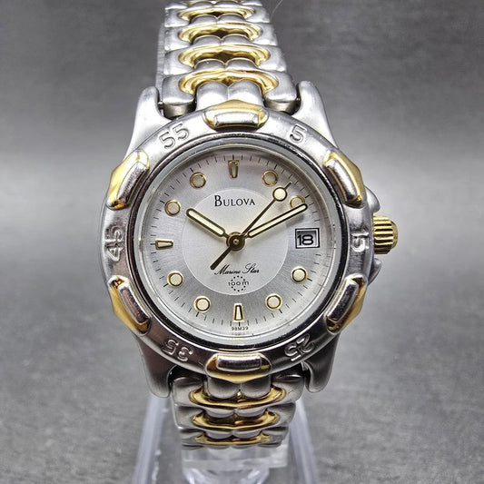 Bulova Marine Star Watch Women 28mm Silver Dial Two Tone Date 98M39 New BatteryK0