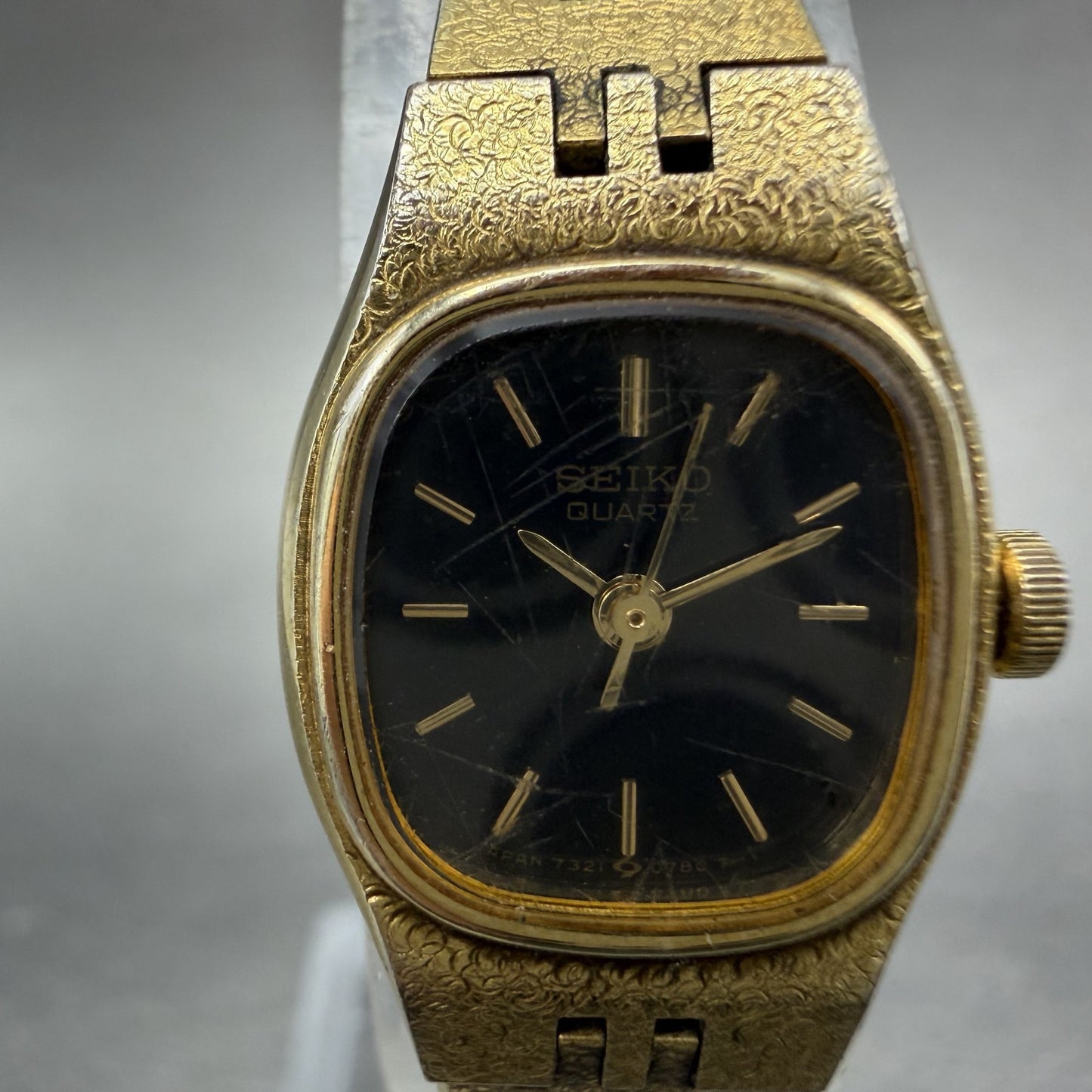 Seiko Watch Women 17mm Black Dial Gold Tone Rectangle 7321-5399 New Battery BCD1