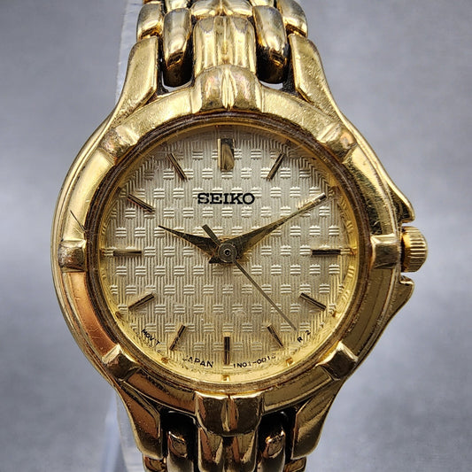 VTG Seiko Watch Women 23mm Champagne Dial Gold Tone Round 1N010019 New Battery0