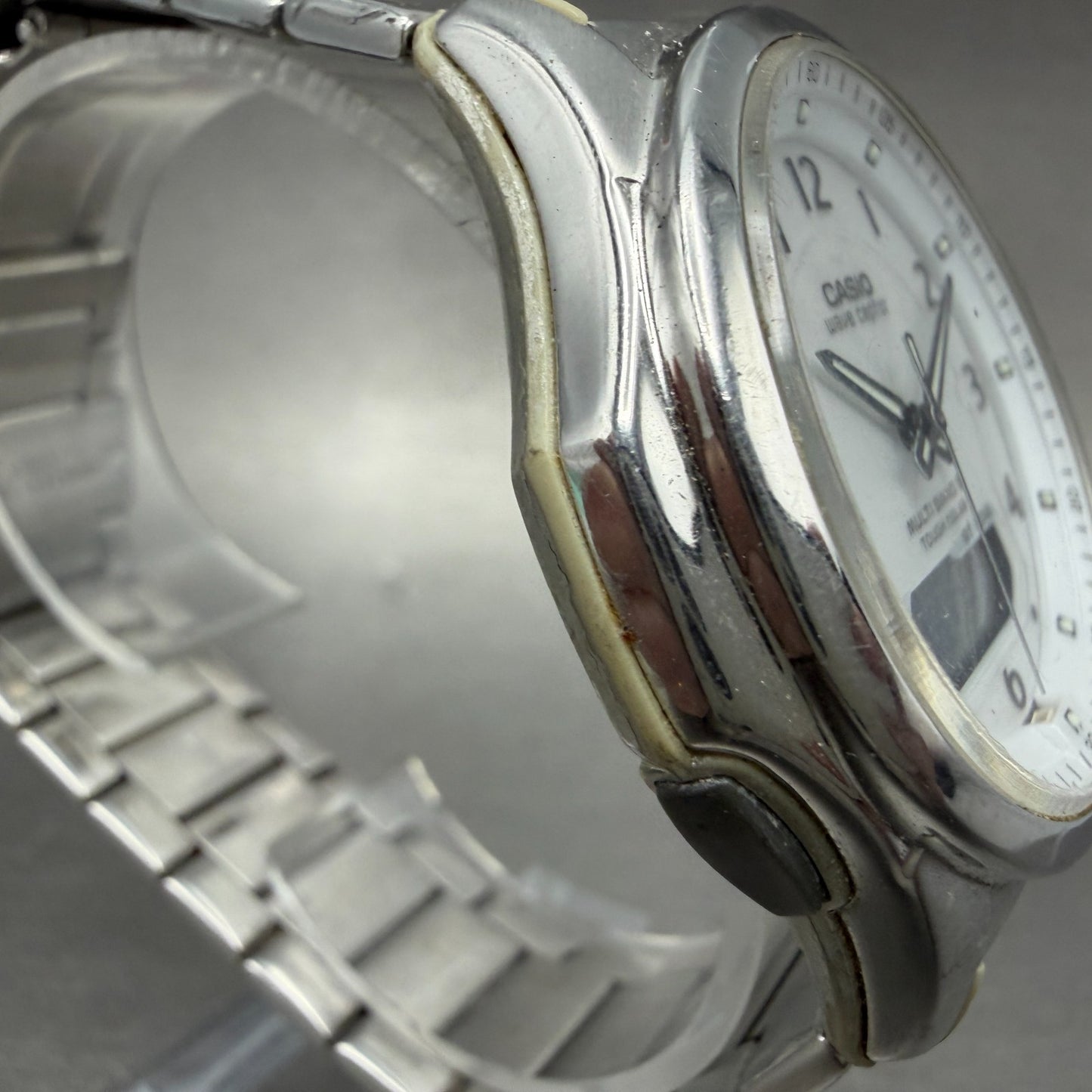 Casio Wave Ceptor Watch Men 42mm White Dial Steel Solar Analog Digital Works ABC3