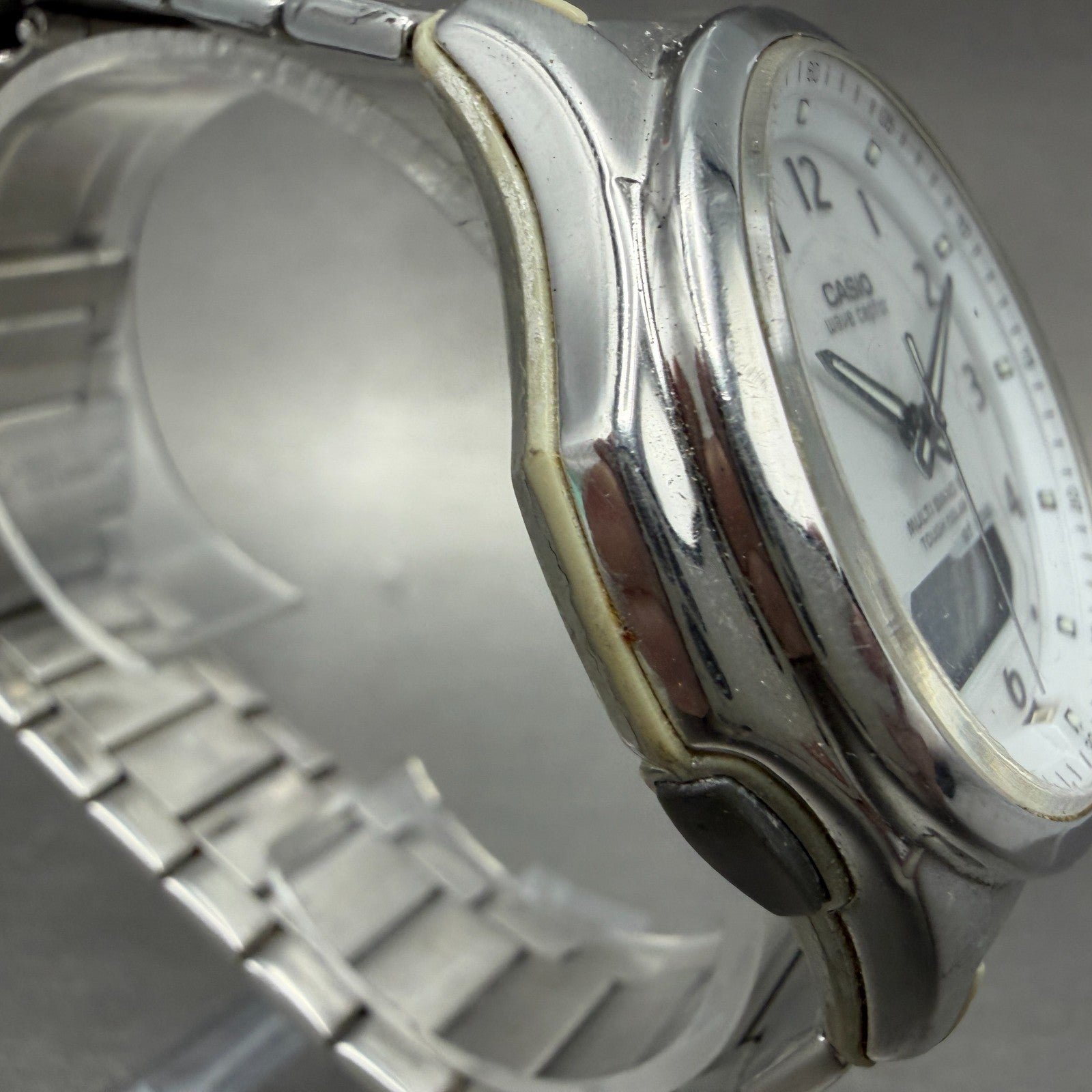 Casio Wave Ceptor Watch Men 42mm White Dial Steel Solar Analog Digital Works ABC3