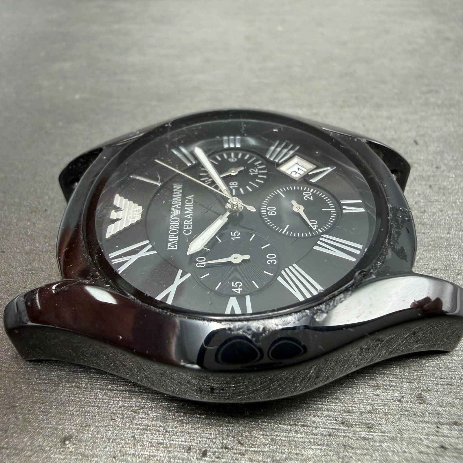 Emporio Armani Ceramica Watch Men 42mm Black Dial White Ceramic Date CRACK Works2