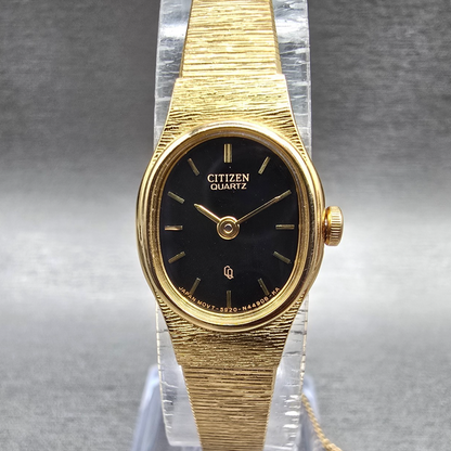 Citizen CQ Watch Women 16mm Black Dial Gold Oval 5920-S49615 New Battery JP40