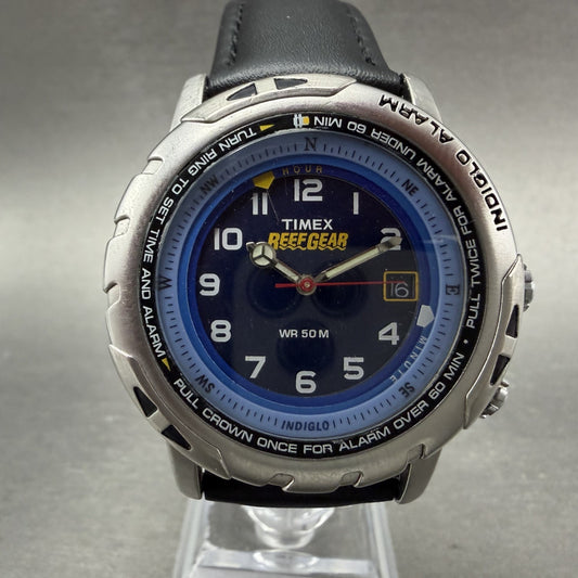 Timex Reef Gear Alarm Watch Men 39mm Blue Dial Silver Tone Date New Battery ABCD0