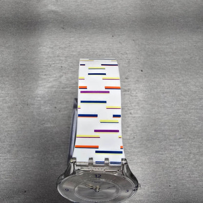 Swatch THIN LINER Watch Men Silver Dial Clear Case Round SFE108 New Battery4