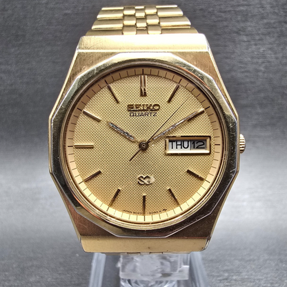 Seiko SQ Watch Men 32mm Gold Dial Gold Tone Daydate Hexagon 8C23-6059 New Batt K0