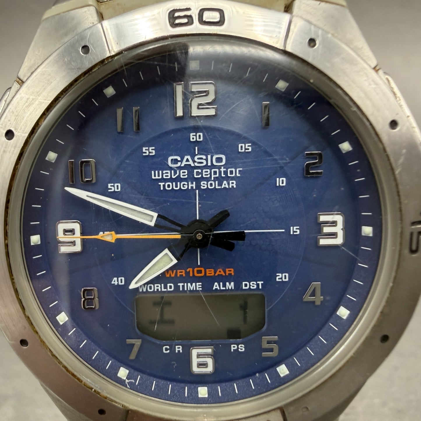 Casio Wave Ceptor Solar Watch Men 42mm Blue Dial Analog Digital Steel Runs1