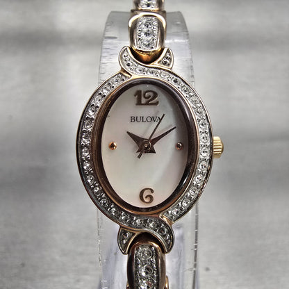 Bulova Watch Women 17mm MOP Dial Rose Gold Tone Gemmed Oval 98L200 New Battery0