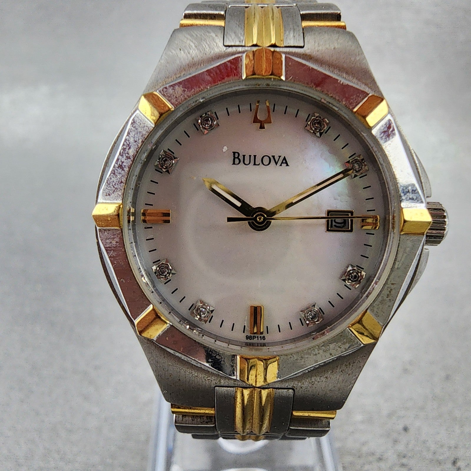 Bulova Watch Women 29mm MOP Dial Two Tone Date Round 98P116 New Battery1
