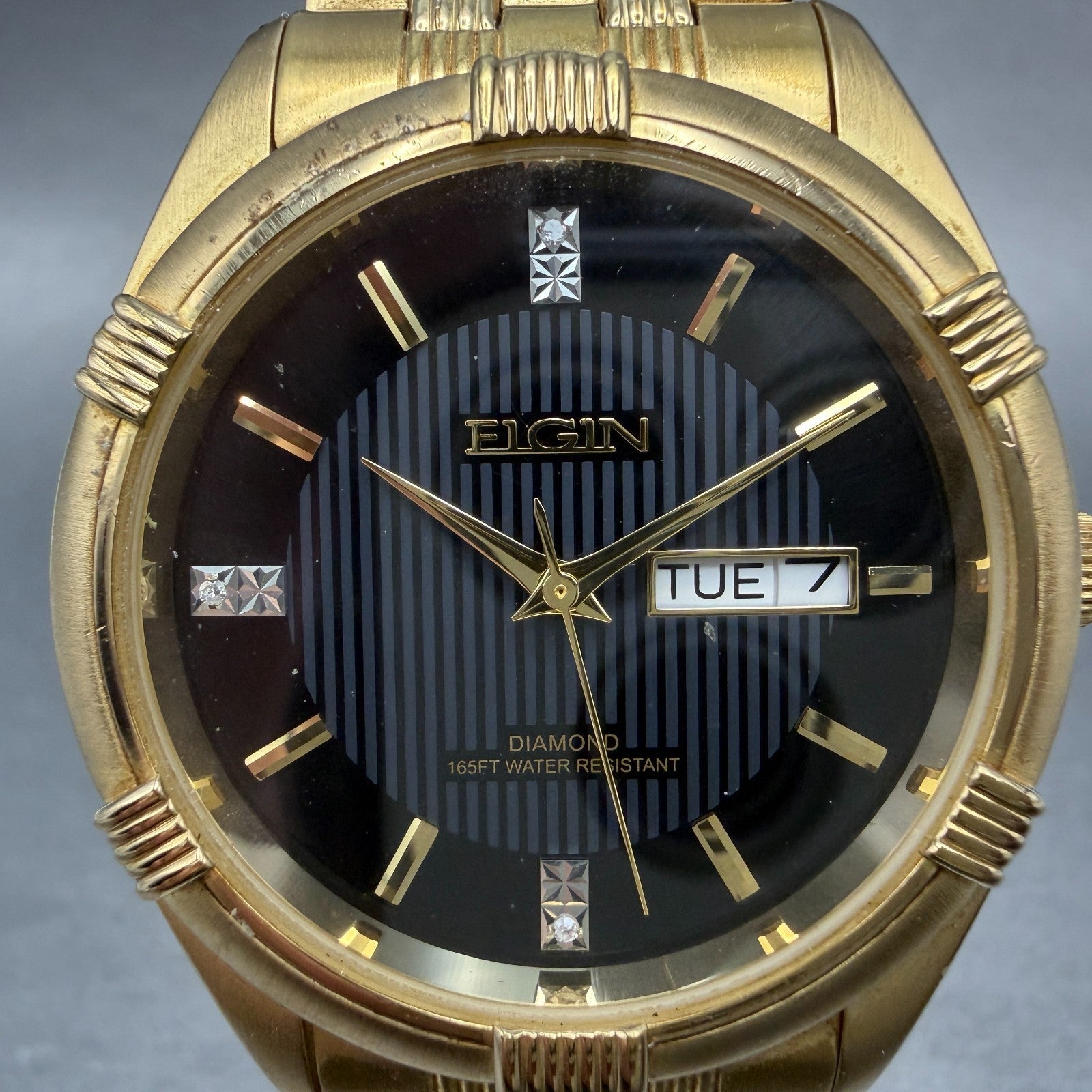 Elgin Watch Men 38mm Black Dial Gold Tone Daydate Round FG268N New Battery1