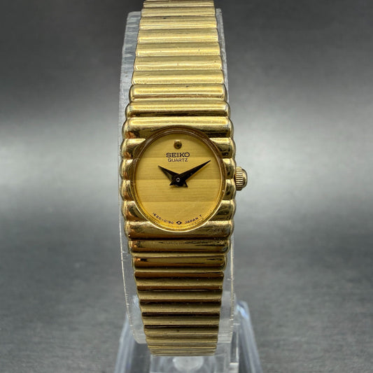 Seiko tank Watch Women 14mm Champagne Dial Gold Tone VTG 1E20-5090 New Battery0
