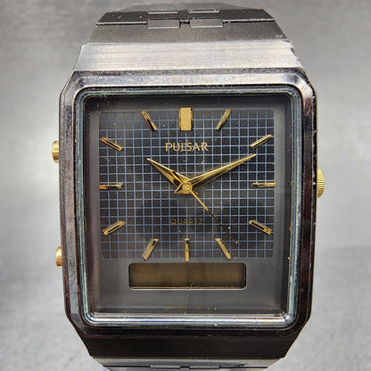 Pulsar Analog Digital Watch Men 29mm Black Dial Black Tone Rectangle READ!!!!!!!