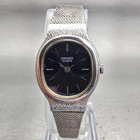 Seiko Watch Women 20mm Black Dial Silver Tone Oval 2320-5329 New Battery Vintage0