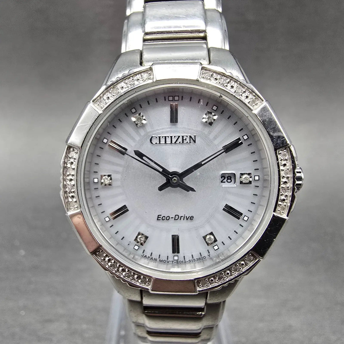 Citizen Eco-Drive Riva Watch Women 30mm Silver Dial Silver Date Diamonds Works0