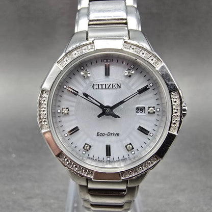Citizen Eco-Drive Riva Watch Women 30mm Silver Dial Silver Date Diamonds Works0