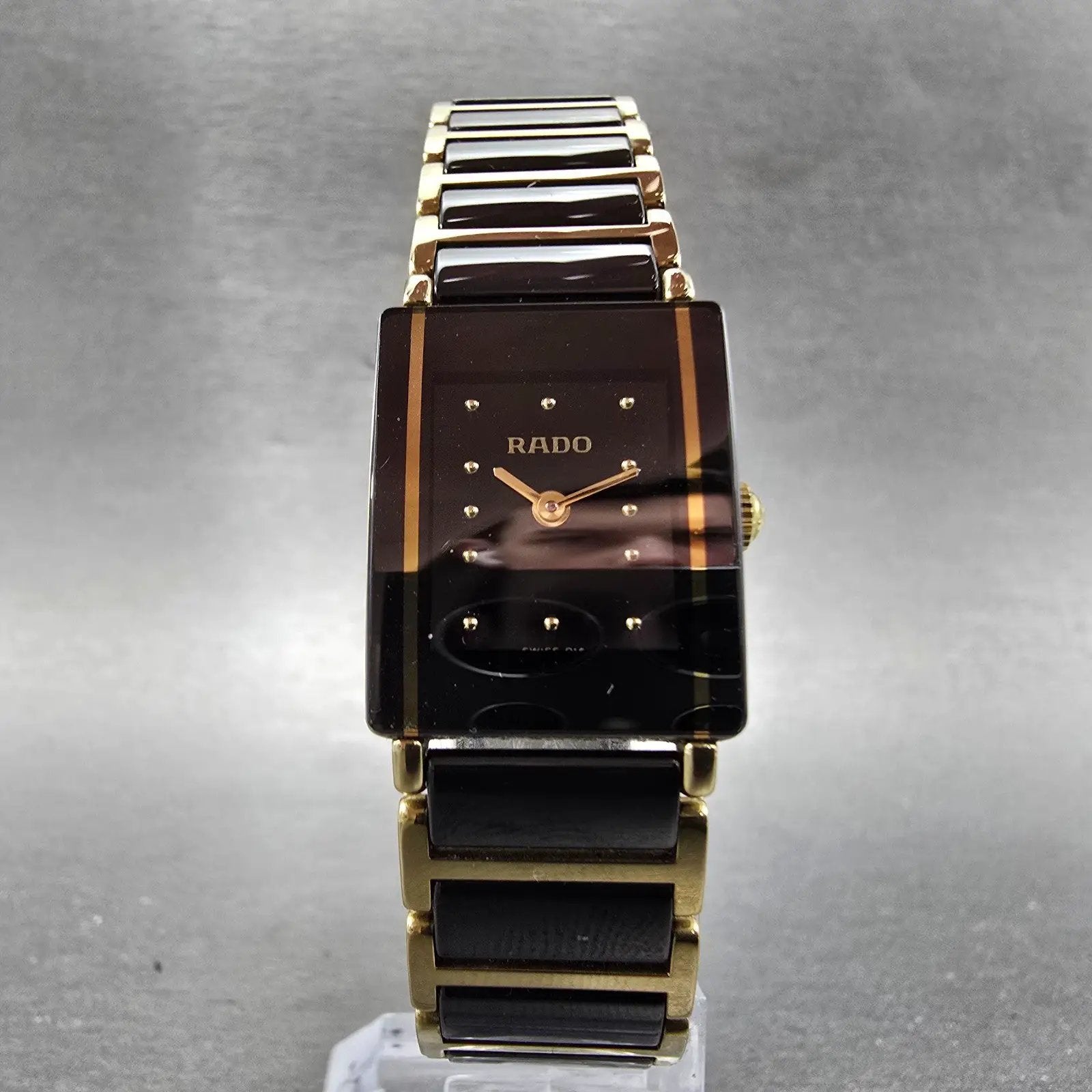 Rado Diastar Tank Watch Women 18mm Black Dial Black & Gold Tone 153.0383.3 Runs5