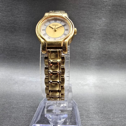 Seiko Watch Women 19mm Gold Dial Gold Tone Round V401-0289 New Battery VTG JPK5