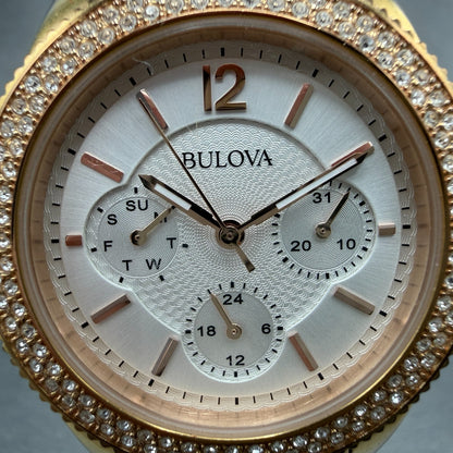 Bulova Watch Women 38mm White Dial Gold Tone Daydate Round 98N100 New Battery1
