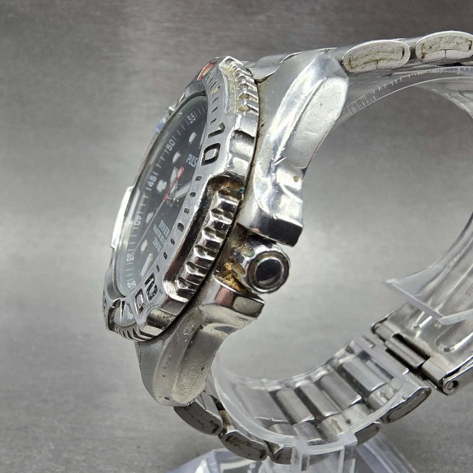 Seiko Pulsar Dive Watch Men 40mm Black Dial Steel READ! Daydate V736-6A60 NewBat3