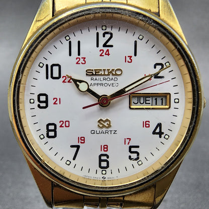 Seiko SQ Railroad Approved Watch Men 35mm White Dial Gold Tone New Batt NO BACK1