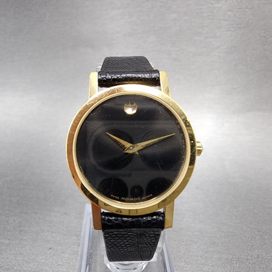 Movado Museum Watch Women 25mm Black Dial Gold Tone Round 8725832 New Battery0