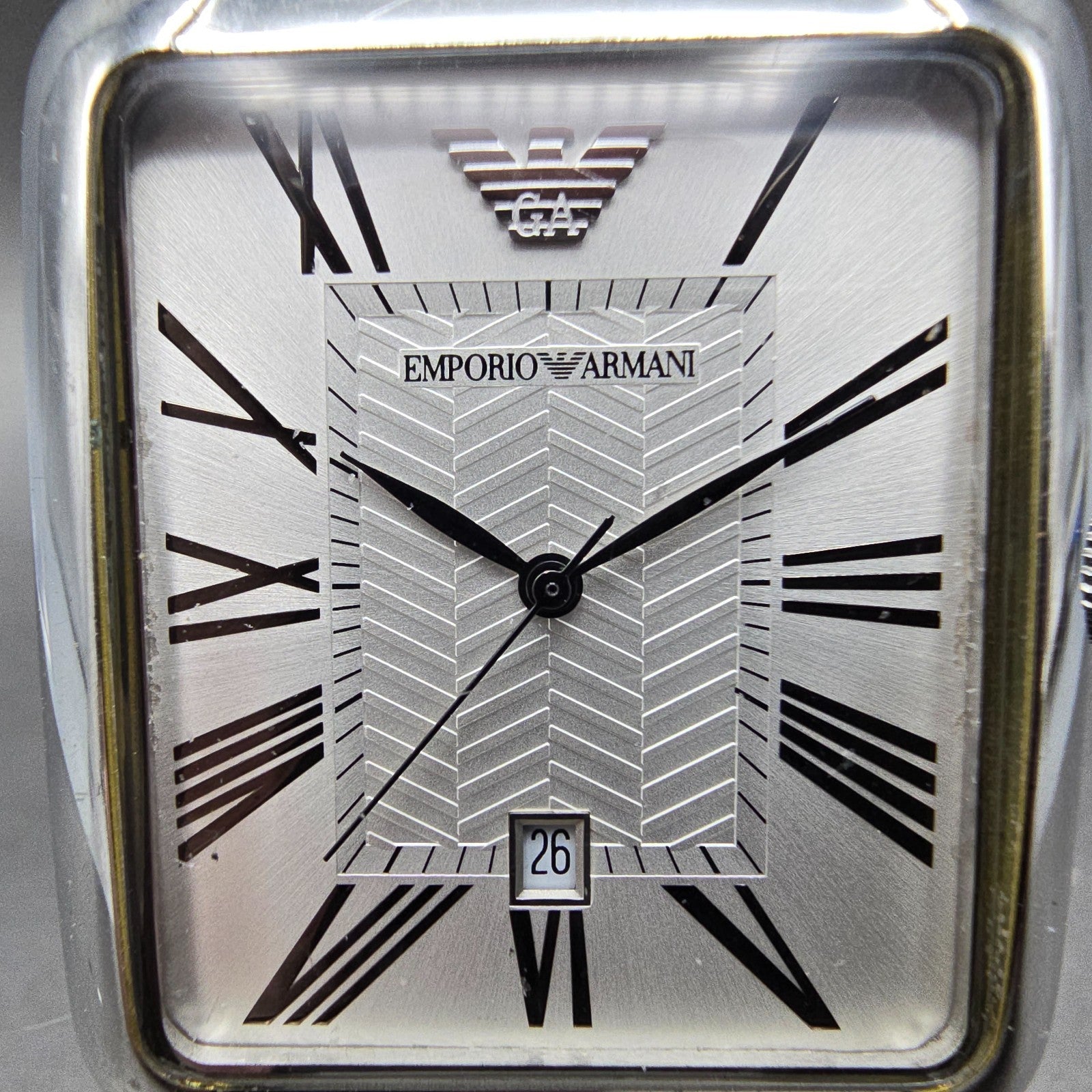 Emporio Armani Tank Watch Men 35mm White Dial Steel Date Rectangle New Battery D1