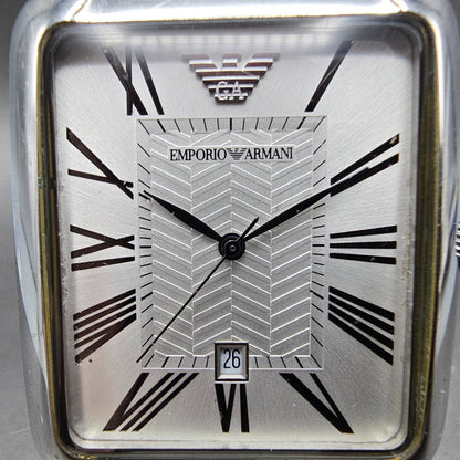 Emporio Armani Tank Watch Men 35mm White Dial Steel Date Rectangle New Battery D1