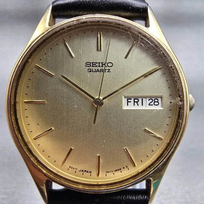 Seiko Watch Men 33mm Champagne Dial Gold Tone Daydate Round 7N43-8A89 New Batt1