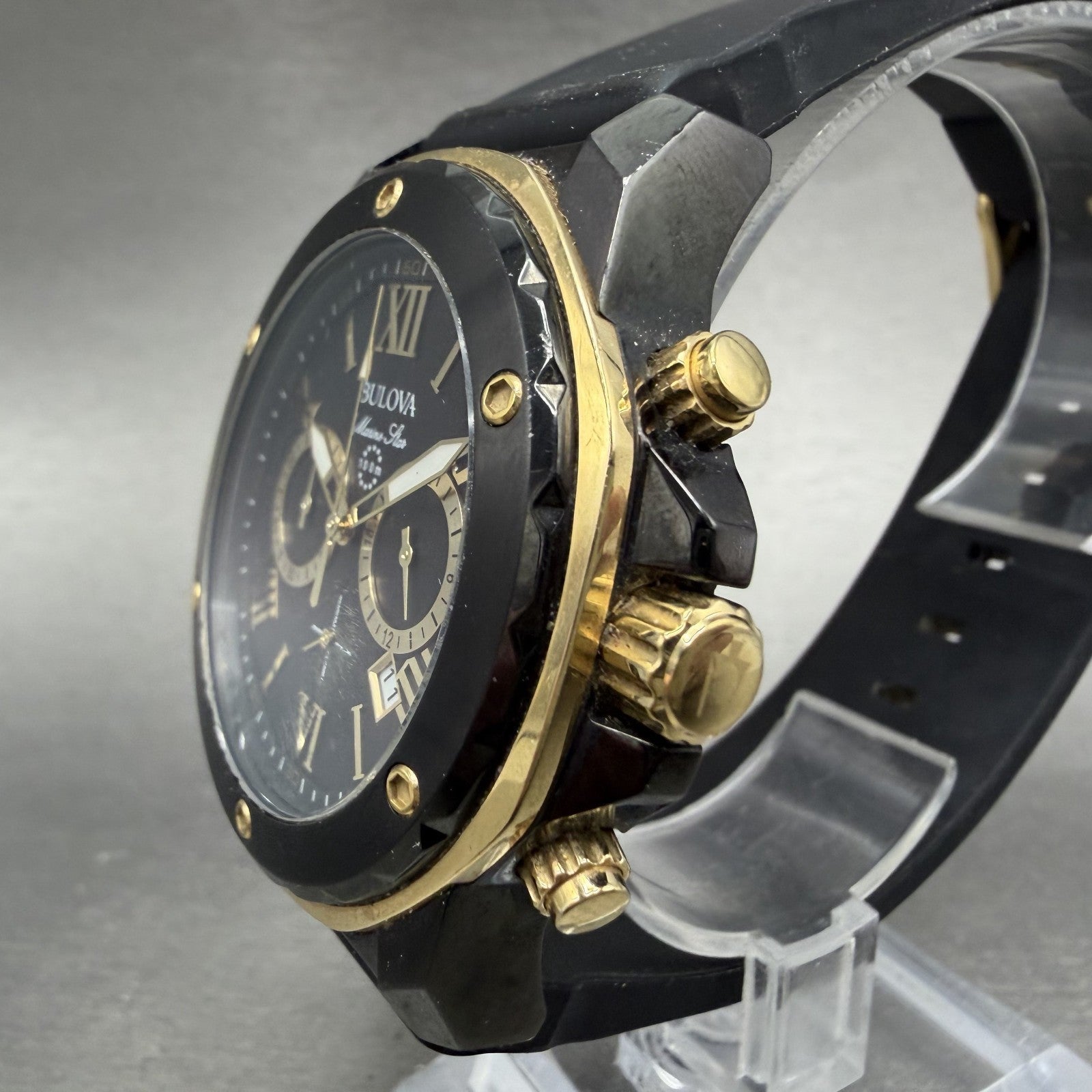 Bulova Marine Star Chronograph Watch Men 45mm Black Dial Black Date 98B278 Works2