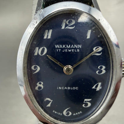 Wakmann Watch Women 20mm Blue Dial Silver Tone Oval Manual Wind Runs Vintage1