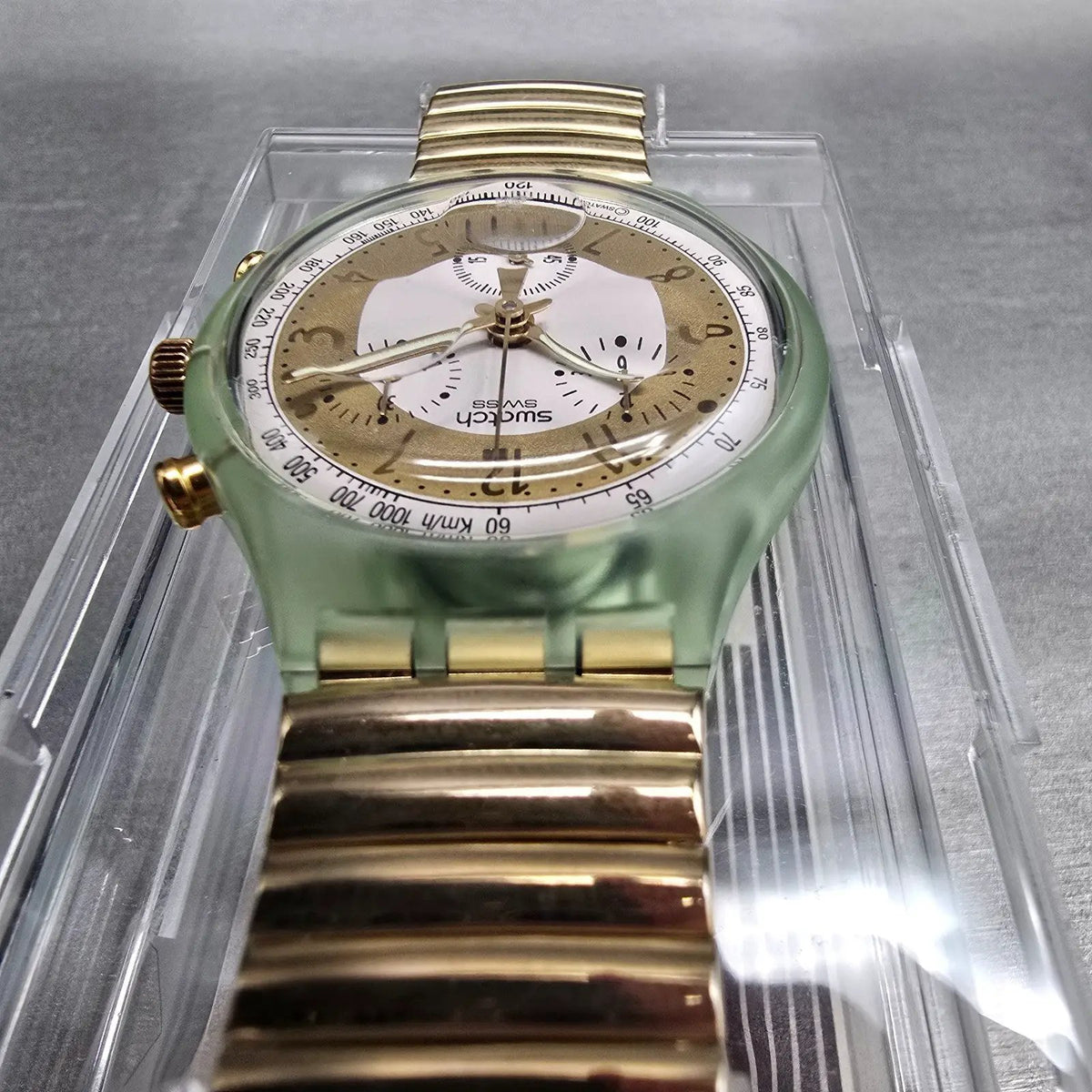 Swatch Chrono Golden Globe Watch Men 37mm Gold Dial Green Case SCG100 NewBat NOS7