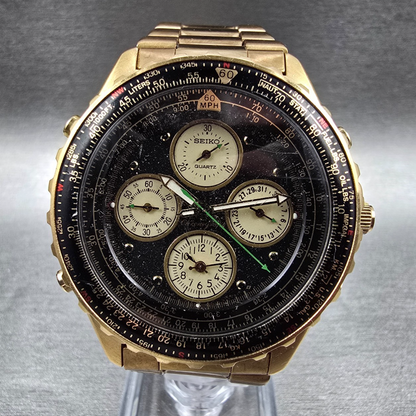 Seiko Flightmaster Watch Men 41mm Black Dial Two Tone Chrono 7A28-7029 New Batt0
