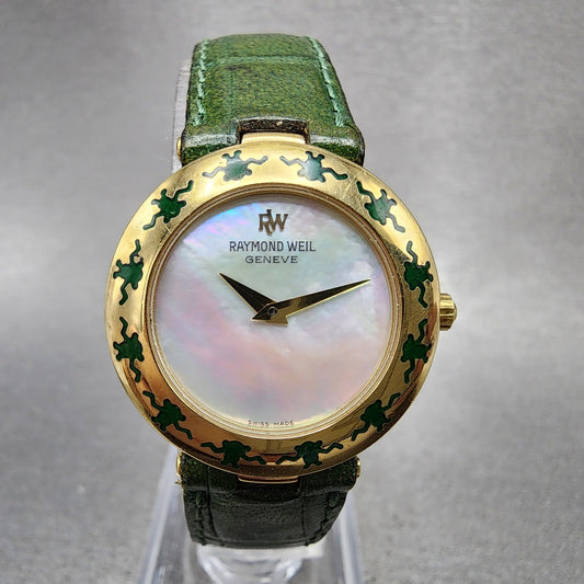 Raymond Weil Watch Women 26mm MOP Dial Gold Plated 5358 Green Leather New Batt0