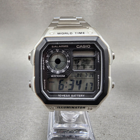 Casio World Time AE1200WH Watch Men 39mm Digital Stainless Steel Alarm Chrono0