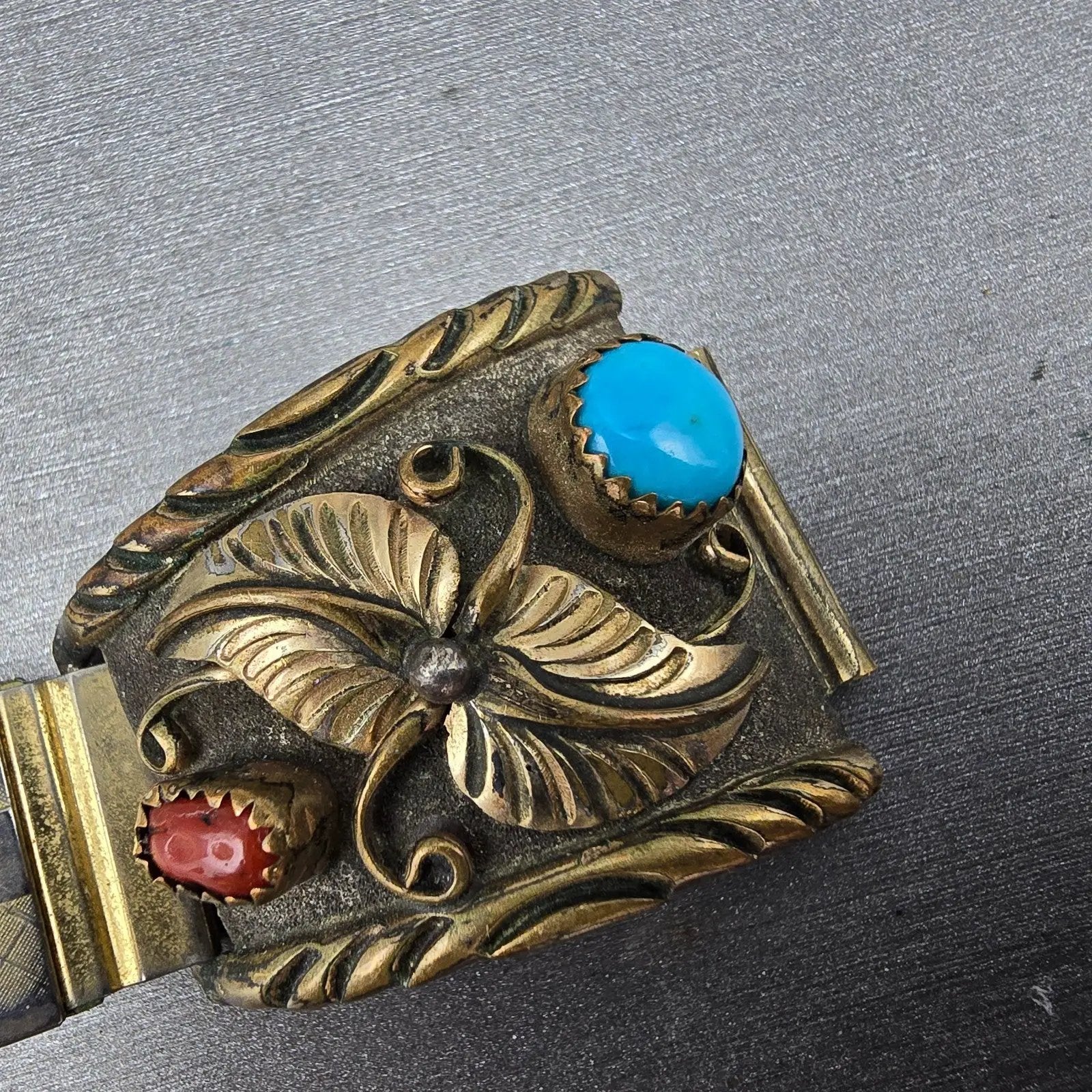 Navajo Watch band tips 18mm 1/20 12K Gold Filled B Red Blue Stones Vintage1